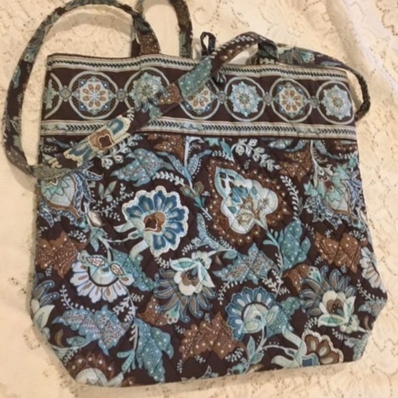 Vera Bradley Quilted Floral Shoulder Tote Travel Bag Brown Blue 13"x14" - Picture 7 of 16